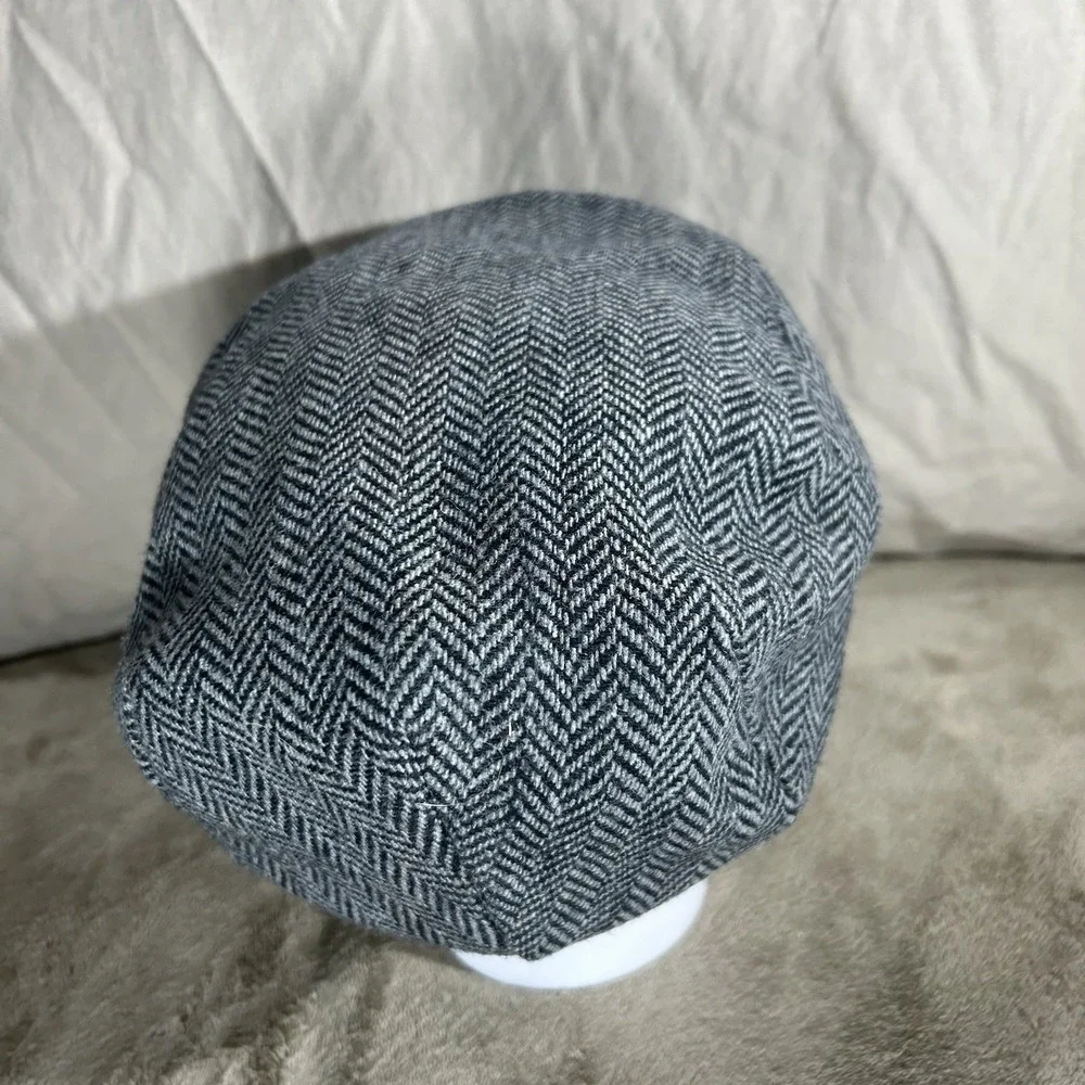 Men's Classic Grey Herringbone Flat Cap - Wool Blend Newsboy Hat - Size M